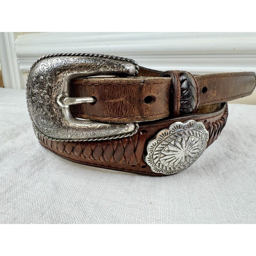 Vintage Cowgirl Western Leather Belt Brown Scalloped Concho Braided Festival